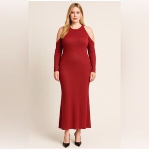 NWT St. John Cold Shoulder Red Metallic Ribbed Maxi Dress Size XL